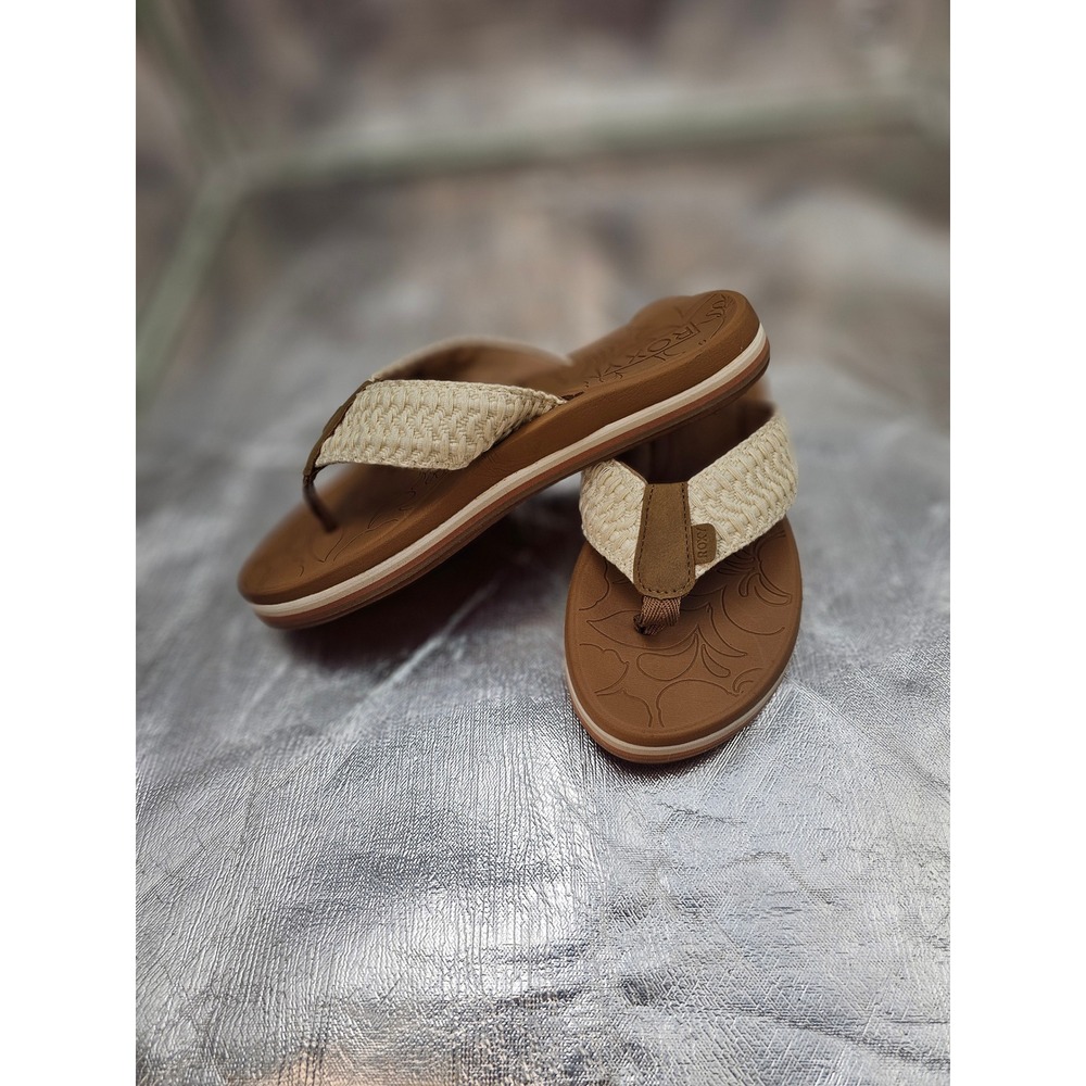 Roxy Womens Flip Flop Sandals Brown Cream Woven Strap Floral Footbed 0749
